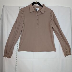 NWT We Are Sundays Chic Latte Long Sleeve Top Button Collar Cotton Blend Medium